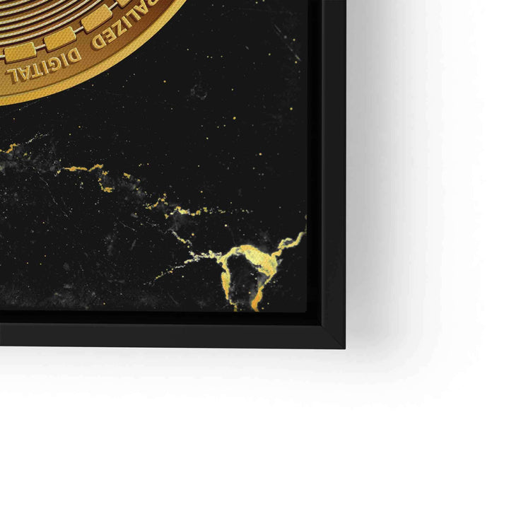 Leinwandbild goldener Bitcoin auf schwarzem Marmor-Hintergrund im schwarzen Rahmen