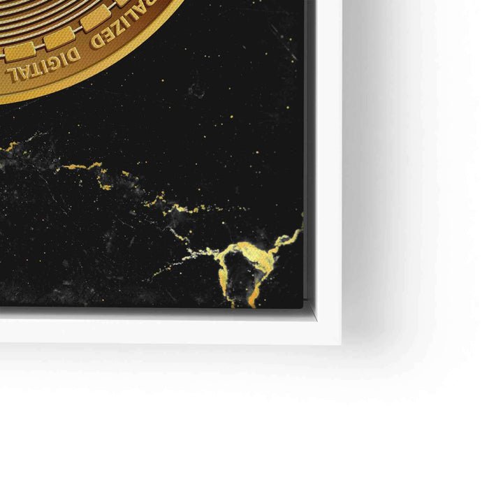 Modernes Wandbild mit goldenem Bitcoin-Motiv und schwarzem Marmorhintergrund im Rahmen