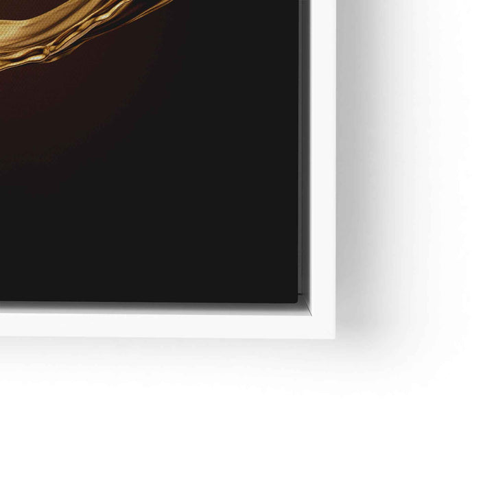 Modernes Wandbild mit goldenem Splash auf schwarzem Hintergrund im weißen Rahmen