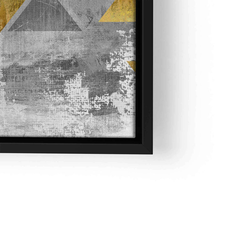 Modernes Wandbild mit goldenen und grauen Dreiecken, abstraktes Design auf Leinwand im schwarzen Rahmen
