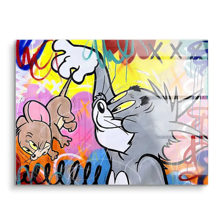 Buntes Wandbild im Comic-Stil mit Katzen- und Mausmotiv vor Graffiti-Hintergrund
