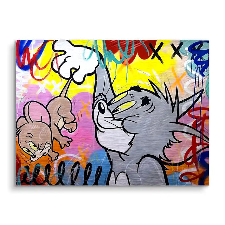 Pop Art Wandbild mit Katze und Maus im Comic-Stil, bunte Graffiti-Hintergrundfarben