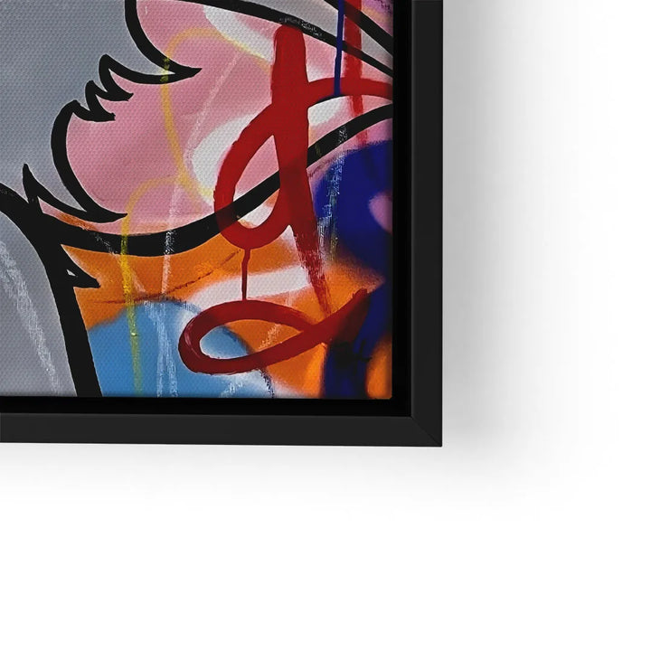 Detail eines bunten Wandbilds mit Graffiti, Comic-Elementen und schwarzem Rahmen