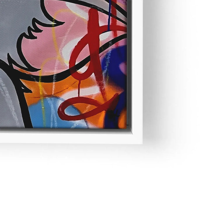 Modernes Wandbild mit bunter Graffiti-Kunst, Comic-Elementen und weißem Rahmen