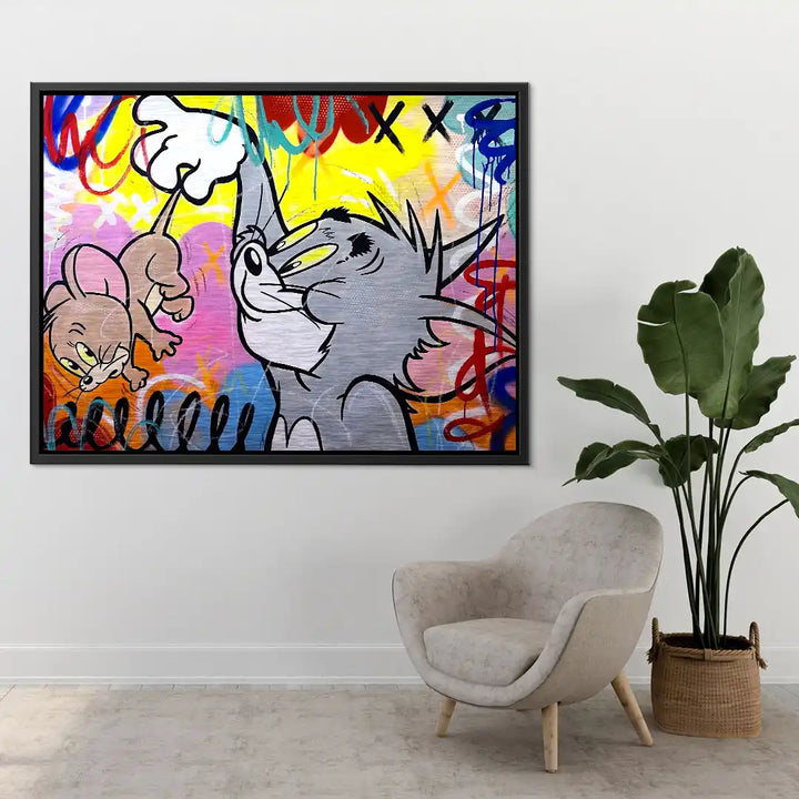 Pop Art Wandbild mit Comic-Figuren und buntem Graffiti im modernen Wohnzimmer