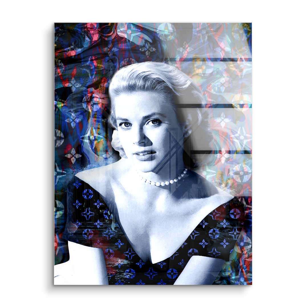 Modernes Wandbild einer eleganten Frau im Pop Art Stil mit buntem, abstraktem Hintergrund