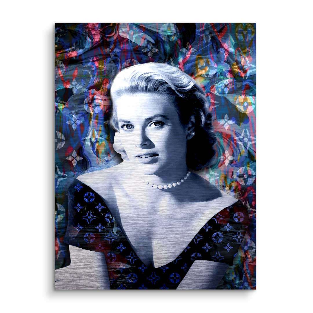 Modernes Wandbild einer eleganten Frau im Vintage-Look mit buntem abstraktem Hintergrund