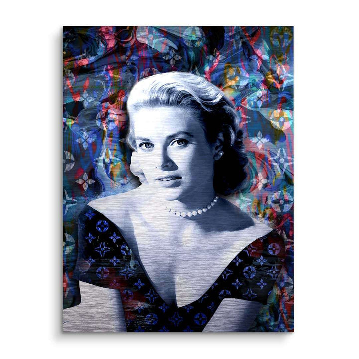 Modernes Wandbild einer eleganten Frau im Vintage-Look mit buntem abstraktem Hintergrund