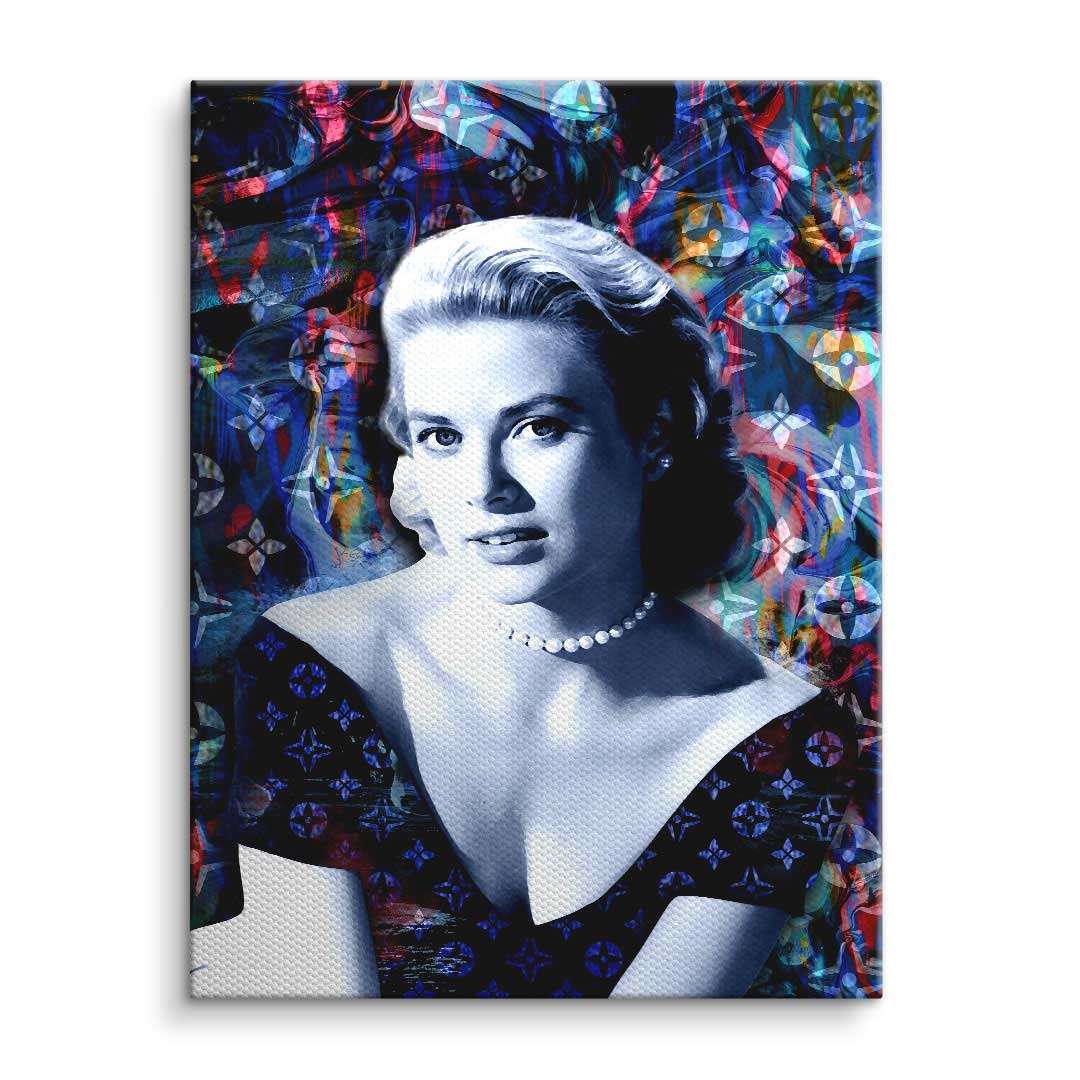Stilvolles Pop Art Wandbild einer eleganten Frau vor buntem abstraktem Hintergrund