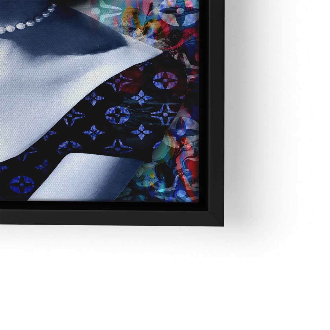 Pop Art Wandbild mit elegantem Damenporträt, bunten Mustern und schwarzem Rahmen