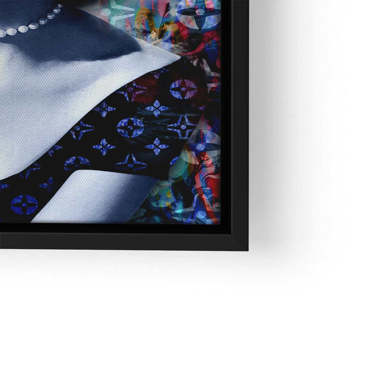 Pop Art Wandbild mit elegantem Damenporträt, bunten Mustern und schwarzem Rahmen