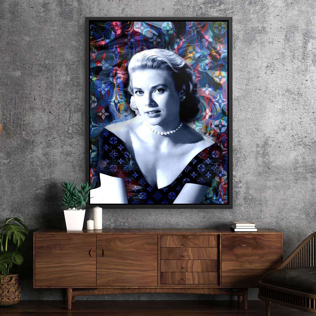 Modernes Wandbild Frau im Vintage-Stil mit buntem abstraktem Hintergrund in Wohnzimmer