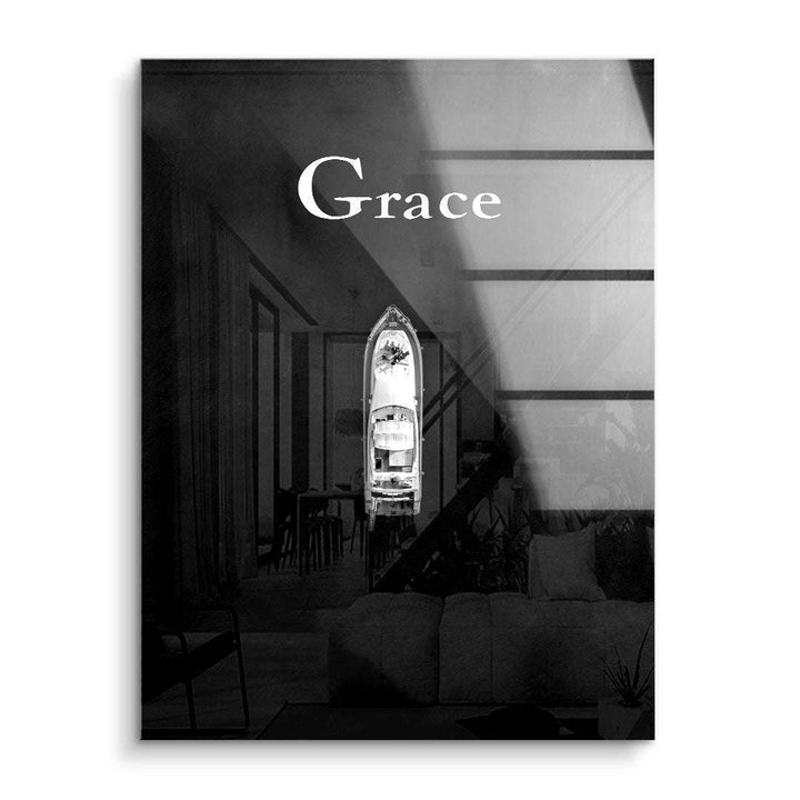 Modernes Wandbild mit Aufschrift 'Grace', monochromes Interieur und Boot als Highlight, Acrylglas Kunstbild