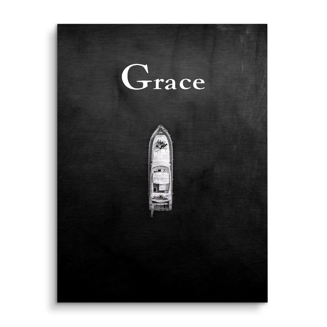 Modernes Wandbild mit Boot und Schriftzug Grace auf schwarzem Hintergrund, Kunstposter