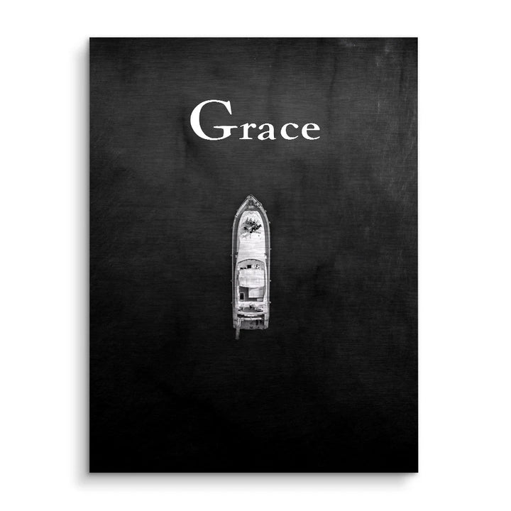 Modernes Wandbild mit Boot und Schriftzug Grace auf schwarzem Hintergrund, Kunstposter
