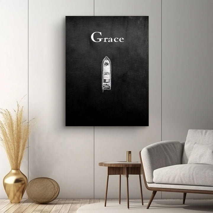 Modernes Wandbild mit einem Boot auf schwarzem Hintergrund und dem Schriftzug Grace, Leinwandkunst