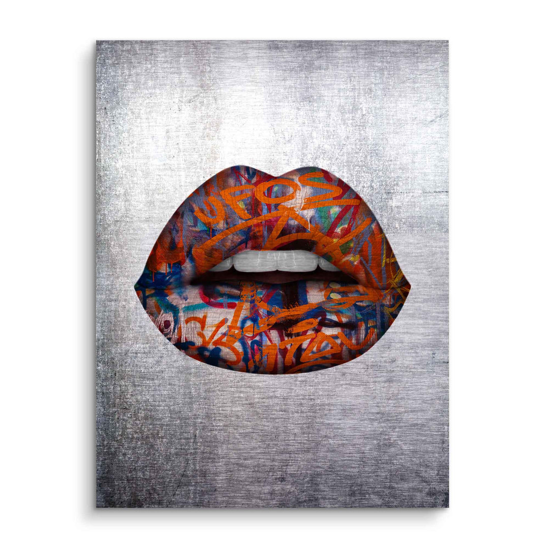 Modernes Wandbild mit Lippen im Graffiti-Stil auf silbernem Hintergrund, Pop Art Kunst