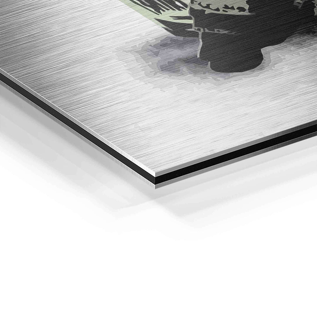 Detailansicht eines Graffiti-Wandbilds auf gebürstetem Aluminium mit modernem Motiv