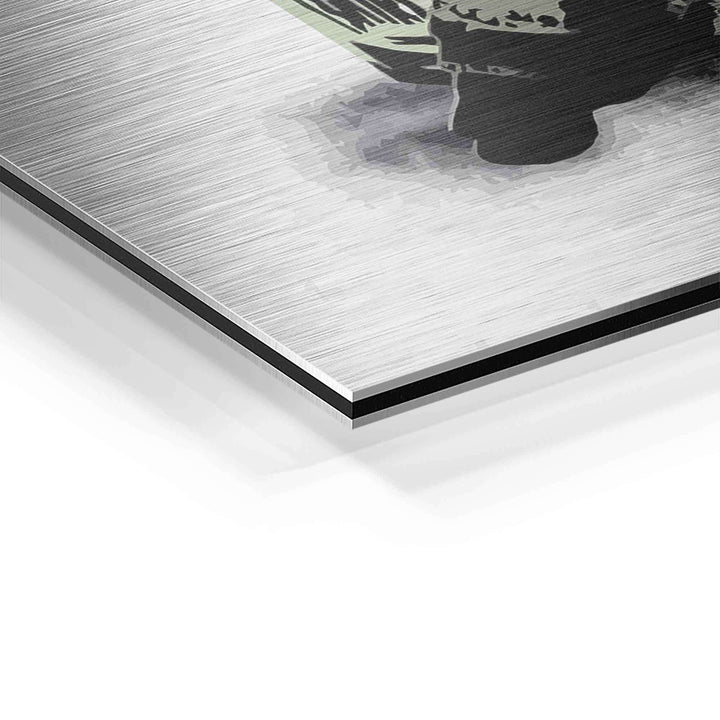 Detailansicht eines Graffiti-Wandbilds auf gebürstetem Aluminium mit modernem Motiv