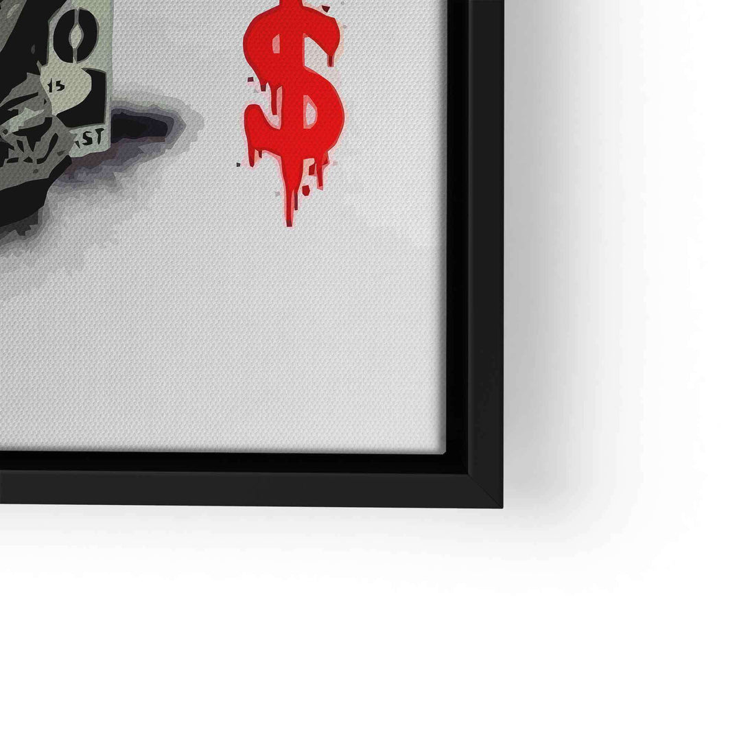 Wandbild mit rotem Graffiti Dollarzeichen und Mann neben Geldschein, moderner Kunstdruck
