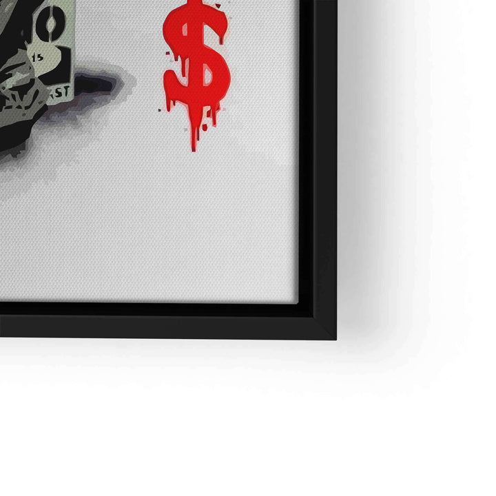 Wandbild mit rotem Graffiti Dollarzeichen und Mann neben Geldschein, moderner Kunstdruck
