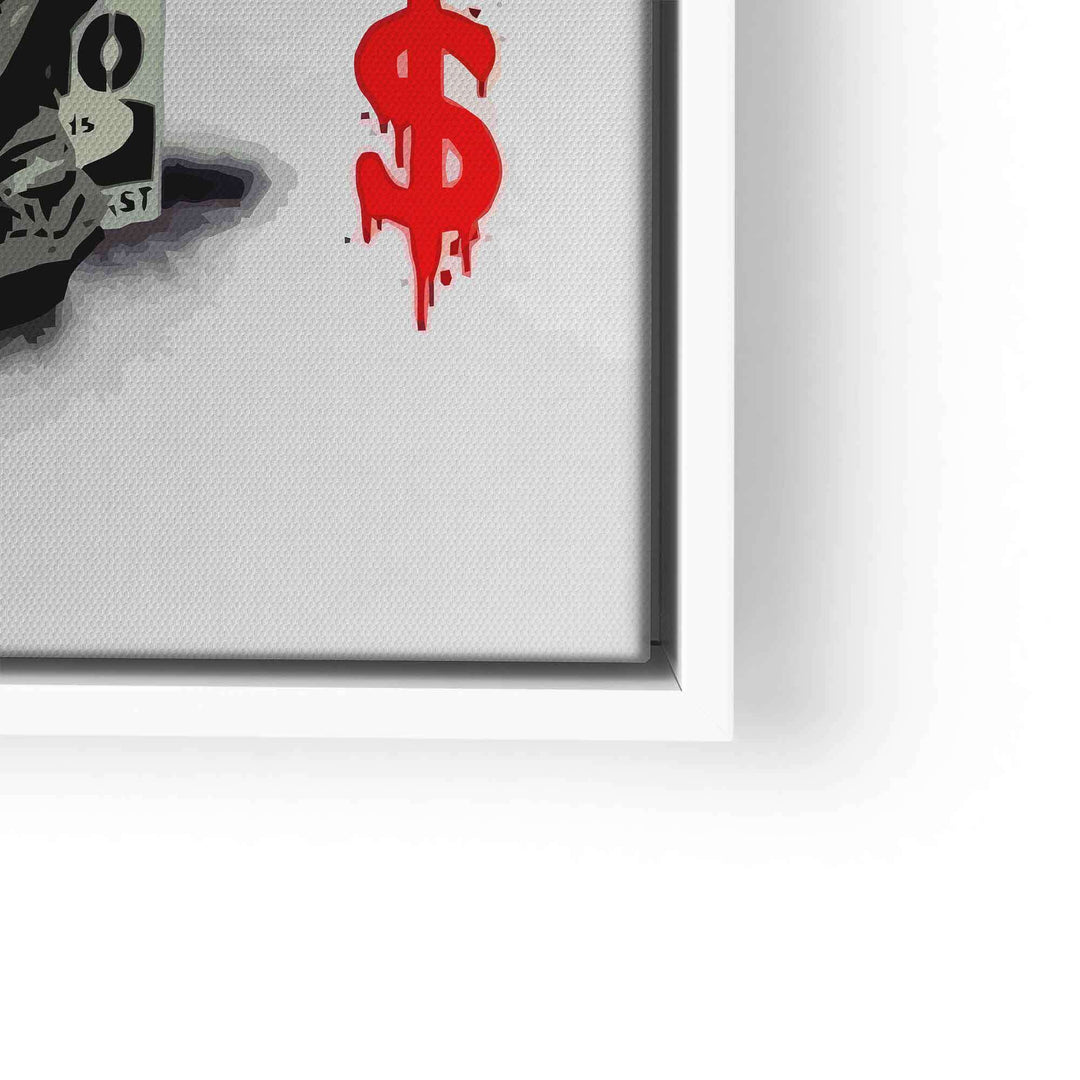 Modernes Graffiti Wandbild mit rotem Dollarzeichen und Geldschein auf weißem Hintergrund