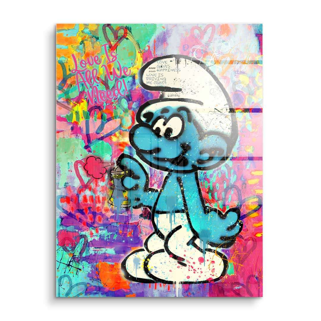 Graffiti Wandbild mit blauem Comic-Figur Schlumpf, bunter Pop Art Hintergrund, Herzen und Spruch