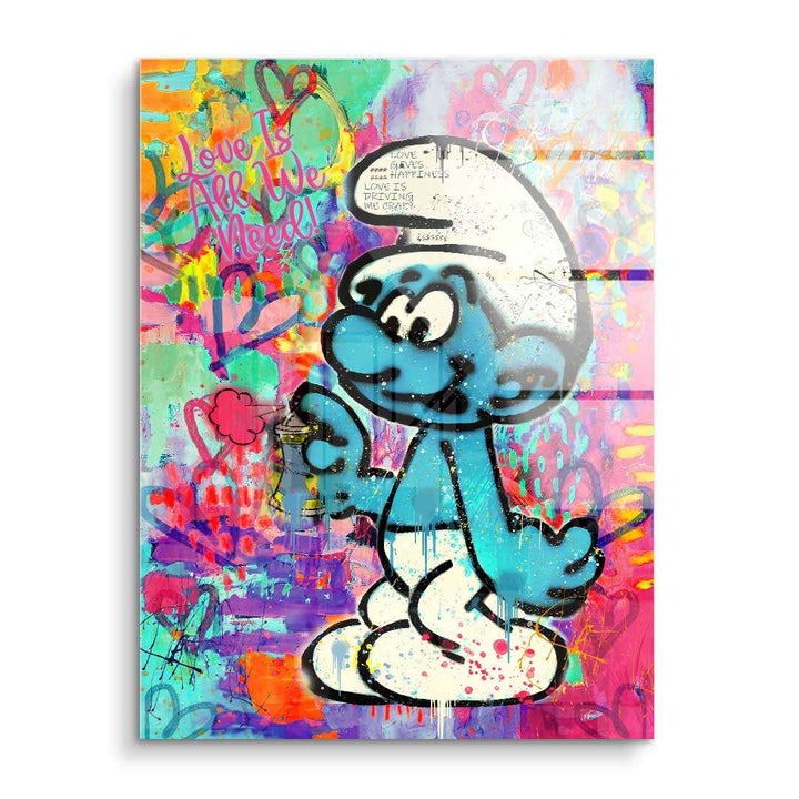 Graffiti Wandbild mit blauem Comic-Figur Schlumpf, bunter Pop Art Hintergrund, Herzen und Spruch