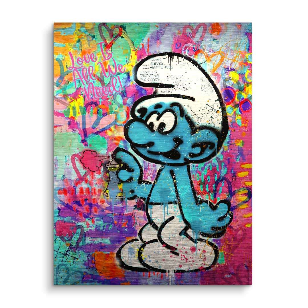 Graffiti Wandbild mit Schlumpf-Figur, bunte Pop Art Farben und Herzmotiven, Comic Kunst