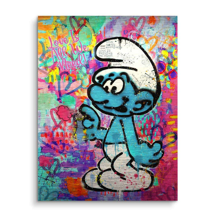 Graffiti Wandbild mit Schlumpf-Figur, bunte Pop Art Farben und Herzmotiven, Comic Kunst