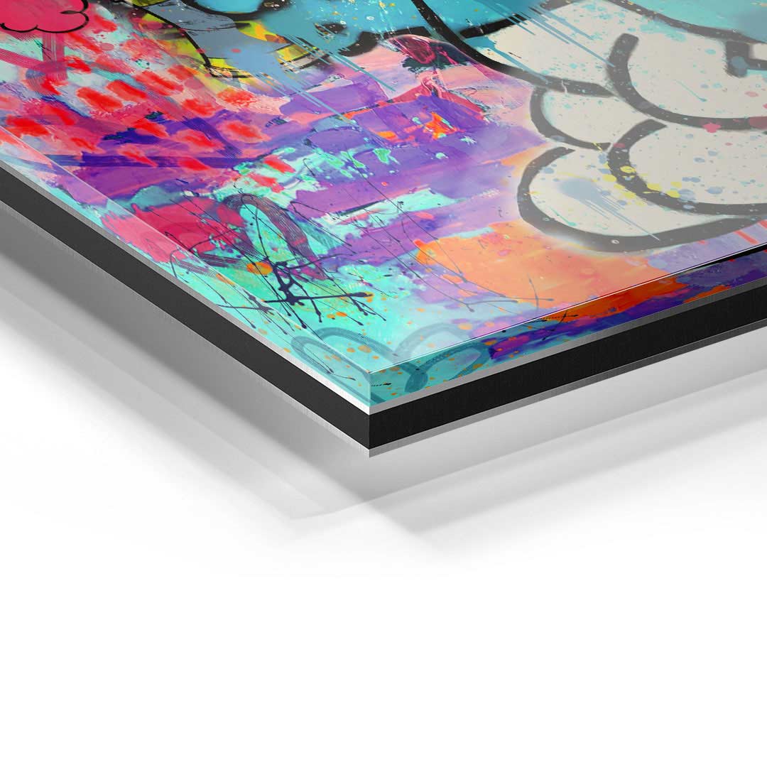 Detailaufnahme Wandbild Graffiti Schlumpf auf Acrylglas, bunte Farben, moderne Kunst