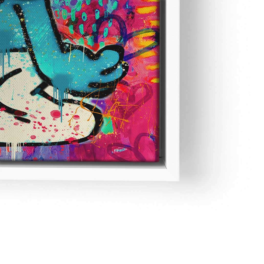 Buntes Wandbild mit Graffiti-Figur, Comic-Stil, poppige Farben, abstrakter Hintergrund
