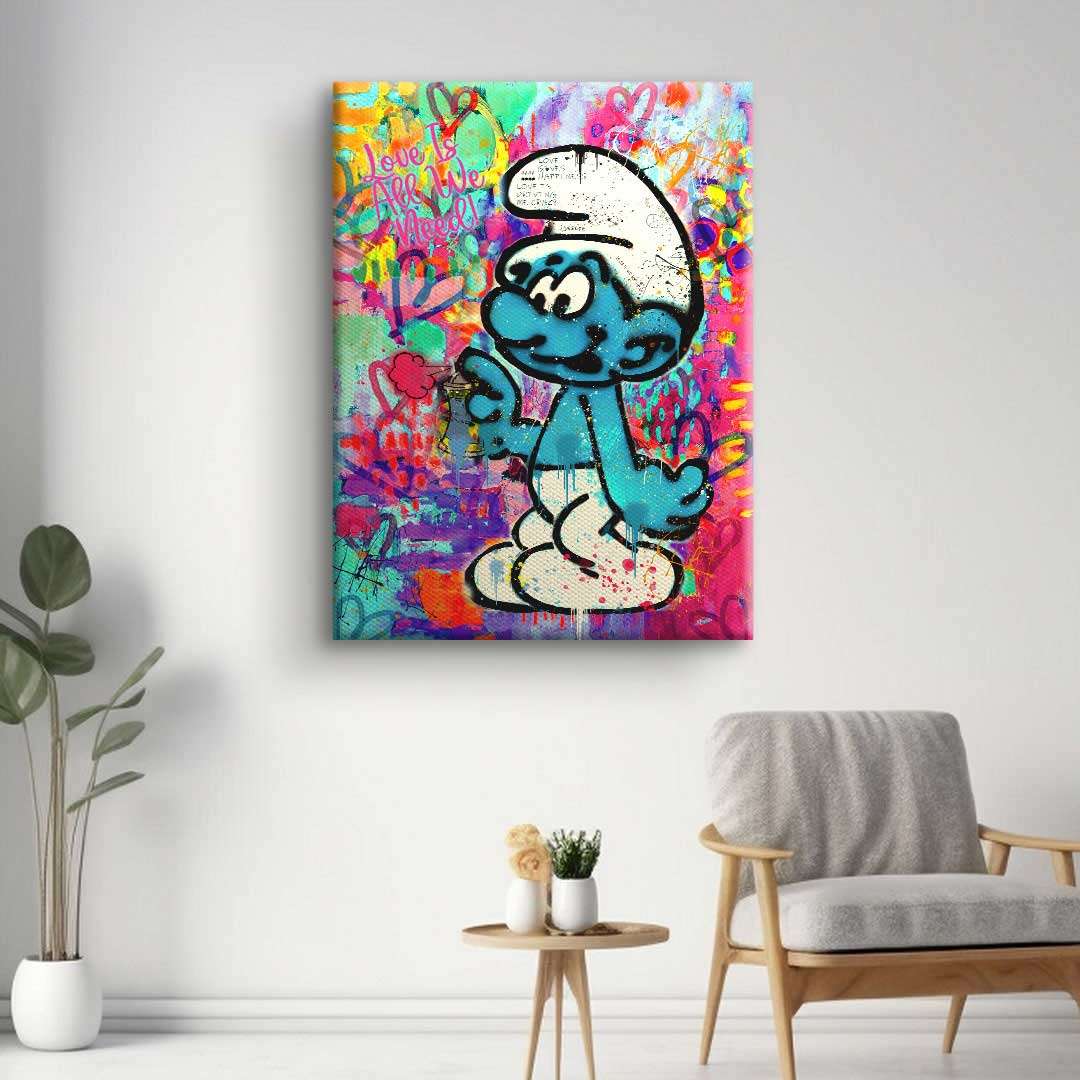 Modernes Graffiti Wandbild mit Schlumpf auf bunter, abstrakter Leinwand in Wohnraum