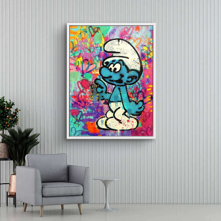 Wandbild mit blauem Schlumpf im Graffiti-Stil, bunte Pop Art, Wohnzimmer-Dekoration