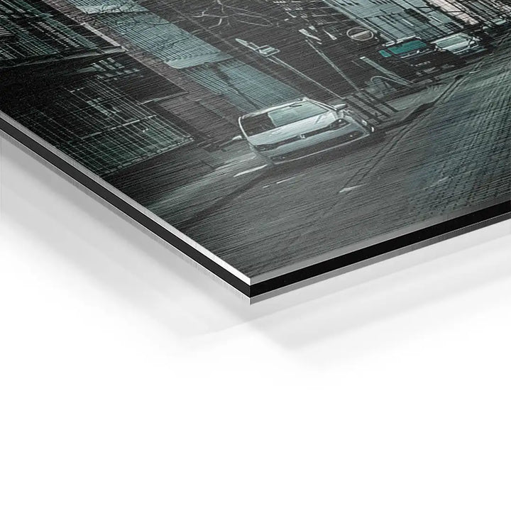 Detailaufnahme von grauem, modernen Stadt-Wandbild auf Aluminium mit Auto und Gebäuden