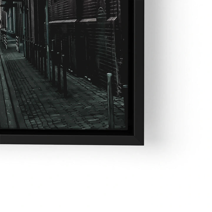 Modernes Wandbild mit dunkler Gasse, Fotokunst in Schwarzweiß mit Schatteneffekten
