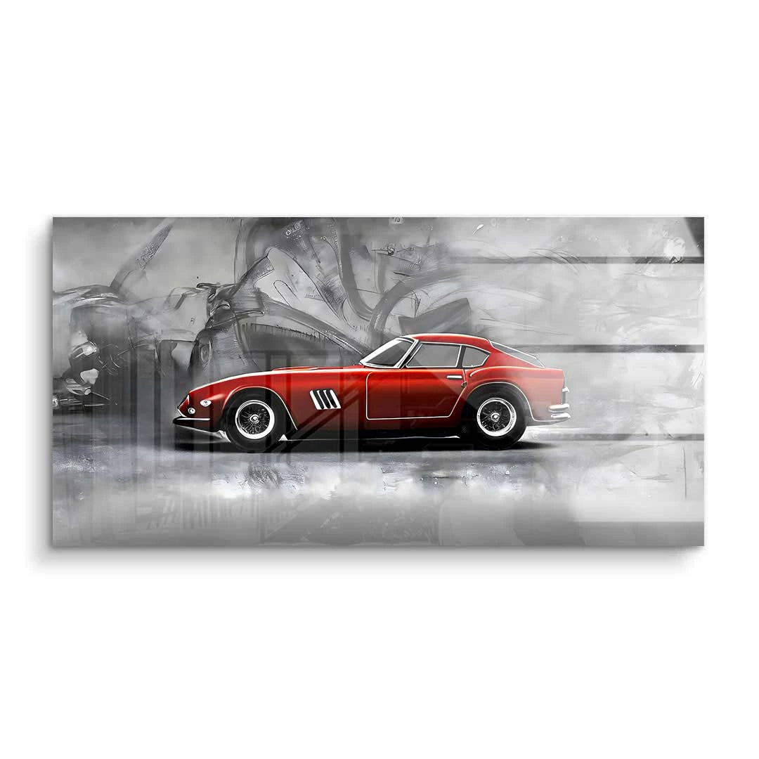 Modernes Wandbild mit rotem Sportwagen auf grauem, abstraktem Hintergrund, Kunst auf Acrylglas