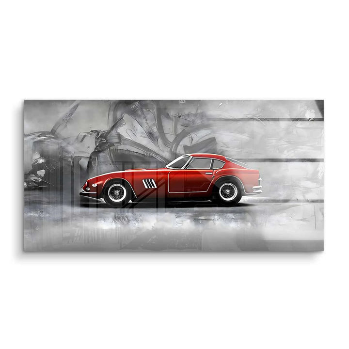 Modernes Wandbild mit rotem Sportwagen auf grauem, abstraktem Hintergrund, Kunst auf Acrylglas