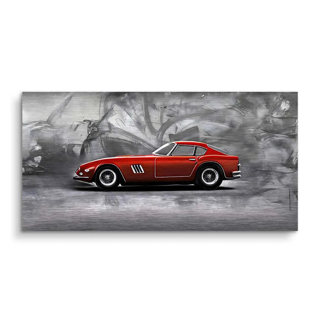 Wandbild mit rotem Ferrari GTO auf grauem Hintergrund, moderne Automobilkunst