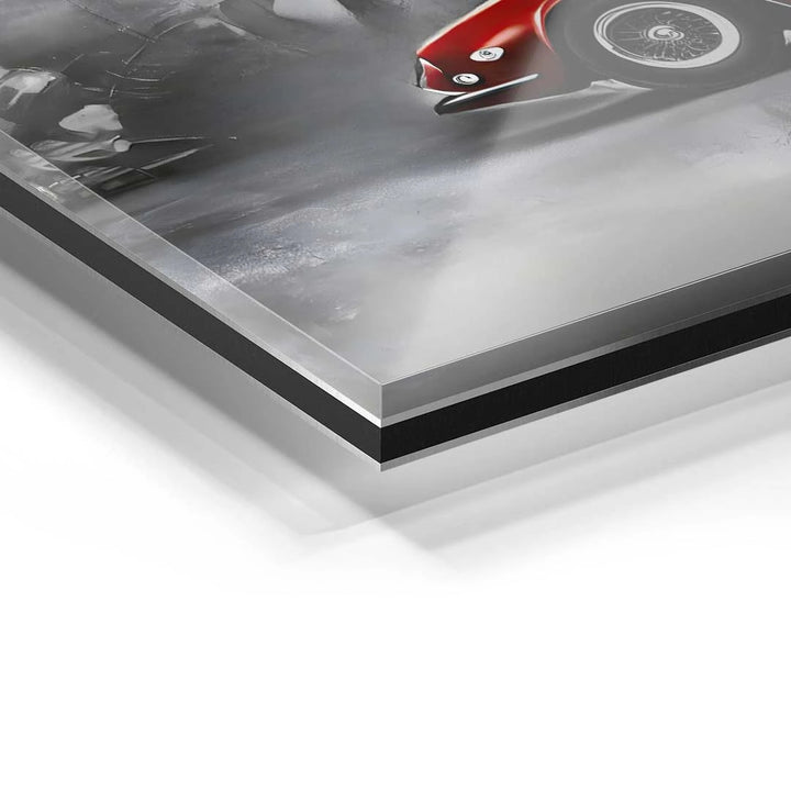Detailansicht Acrylglas-Wandbild mit rotem Oldtimer-Auto im modernen Kunststil