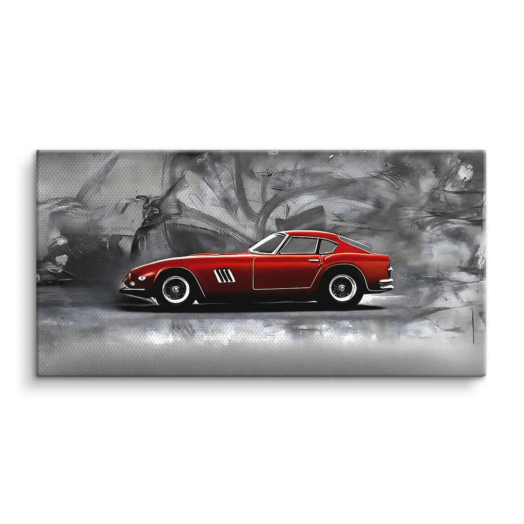 Wandbild mit rotem Oldtimer Sportwagen vor grauem abstraktem Hintergrund, moderne Kunst