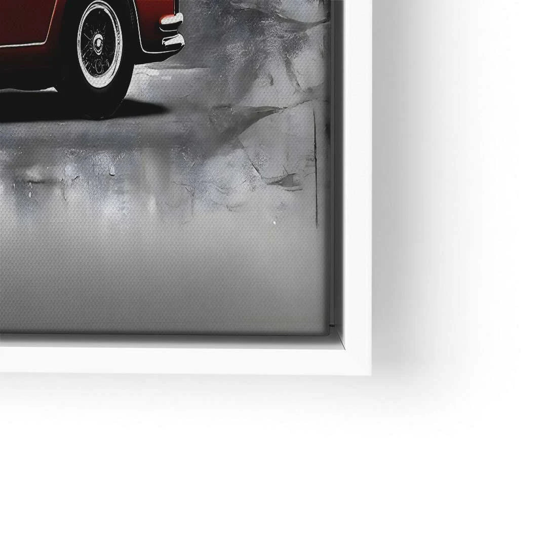 Modernes Wandbild mit stilisiertem Oldtimer-Auto auf grauem Hintergrund, gerahmt