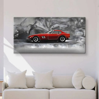 Wandbild mit rotem Oldtimer Sportwagen auf grauem, abstrakten Hintergrund über Sofa