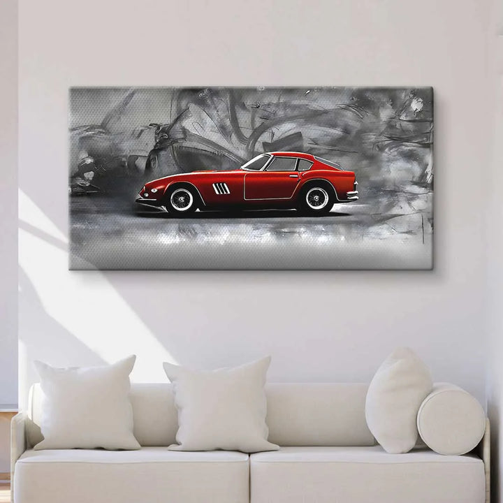Wandbild mit rotem Oldtimer Sportwagen auf grauem, abstrakten Hintergrund über Sofa