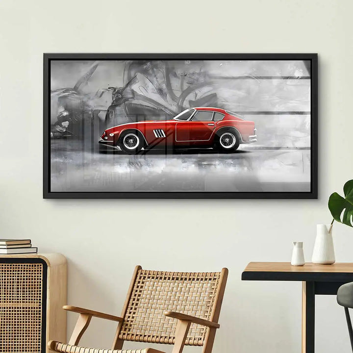 Wandbild mit rotem klassischen Sportwagen auf grauem abstraktem Hintergrund, Wohnzimmerdeko