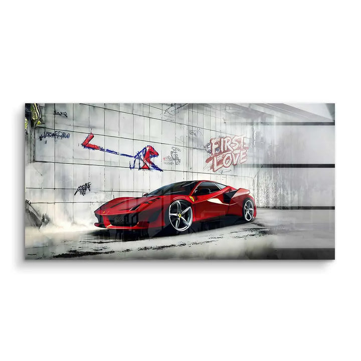Modernes Wandbild mit rotem Sportwagen, Graffiti und urbanem Hintergrund, Acrylkunst