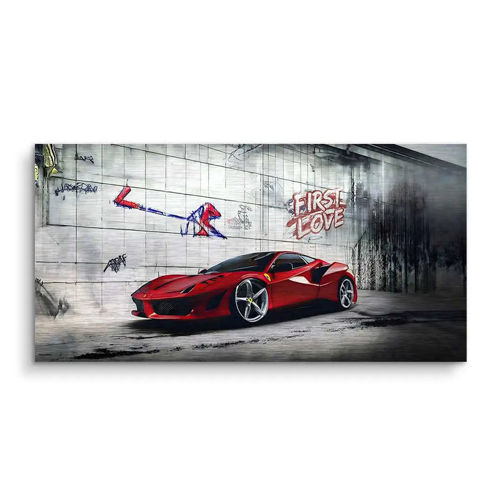 Modernes Wandbild mit rotem Ferrari Sportwagen vor urbaner Graffiti-Wand First Love