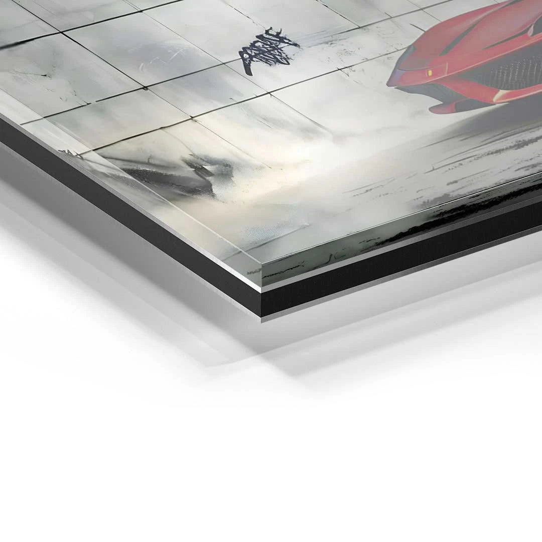 Detailansicht Acryl Wandbild mit rotem Sportwagen auf grauem Hintergrund