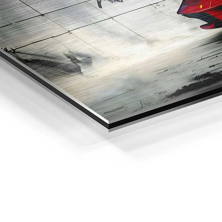 Detailansicht Wandbild mit rotem Ferrari auf gebürstetem Aluminium, modern, Motorsport Kunst