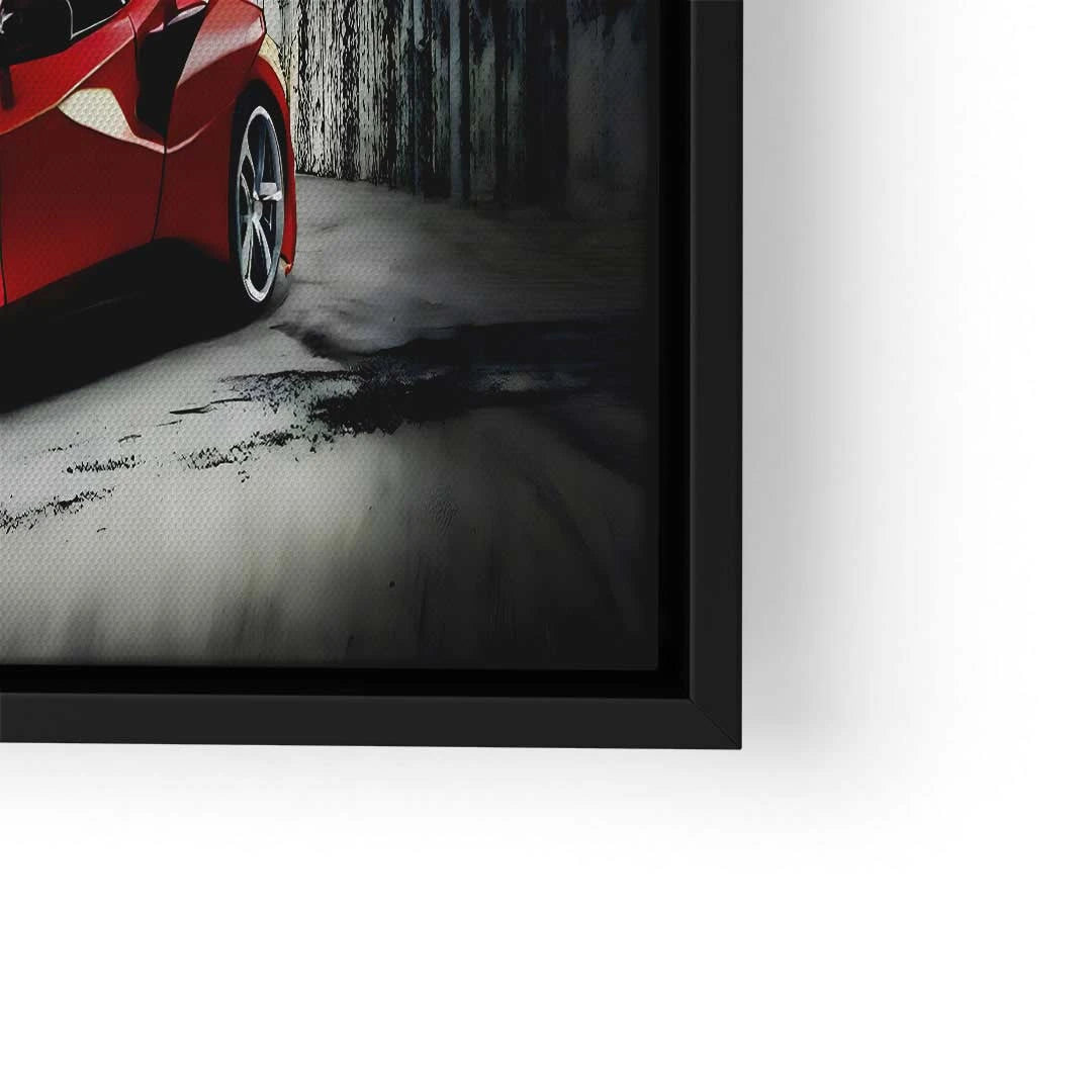 Modernes Wandbild mit rotem Sportwagen, Graffiti-Hintergrund, schwarzer Rahmen